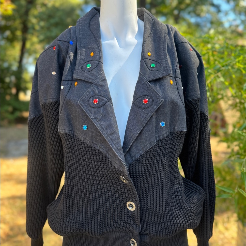 Vintage Bejeweled Denim & Knit Button Black Women's Jacket